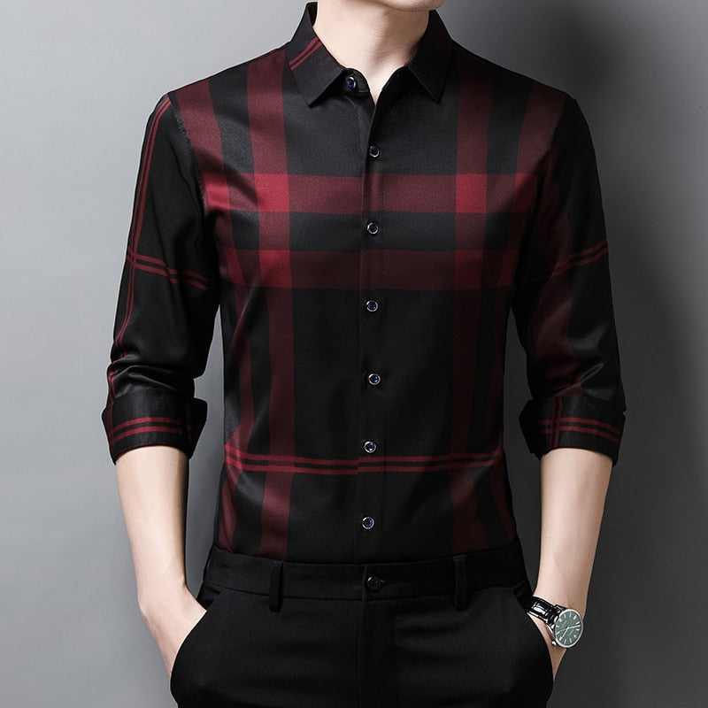 Camisa Masculina de Seda Casual Xadrez